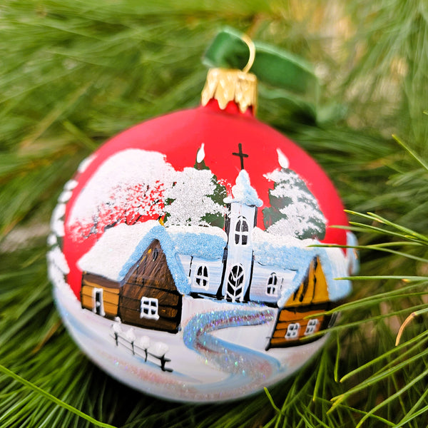 Winter Church & Village Red Glass Ornament