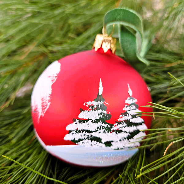 Winter Church & Village Red Glass Ornament