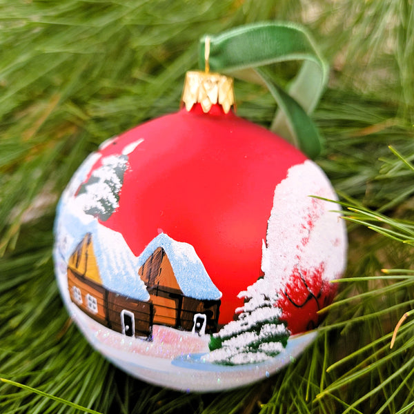 Winter Church & Village Red Glass Ornament