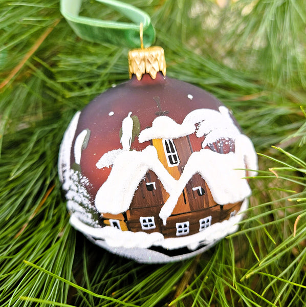 Winter Church & Village Brown Glass Ornament