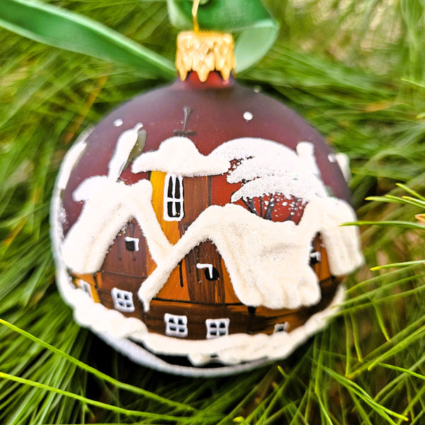 Winter Church & Village Brown Glass Ornament