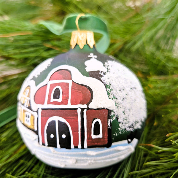 Winter Church & Village Green Glass Ornament