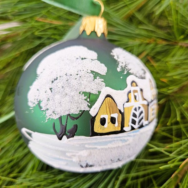 Winter Church & Village Green Glass Ornament