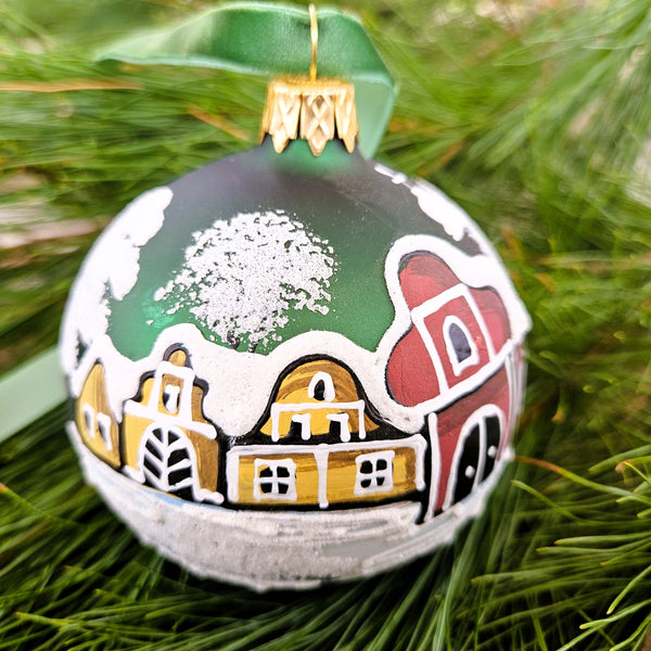 Winter Church & Village Green Glass Ornament