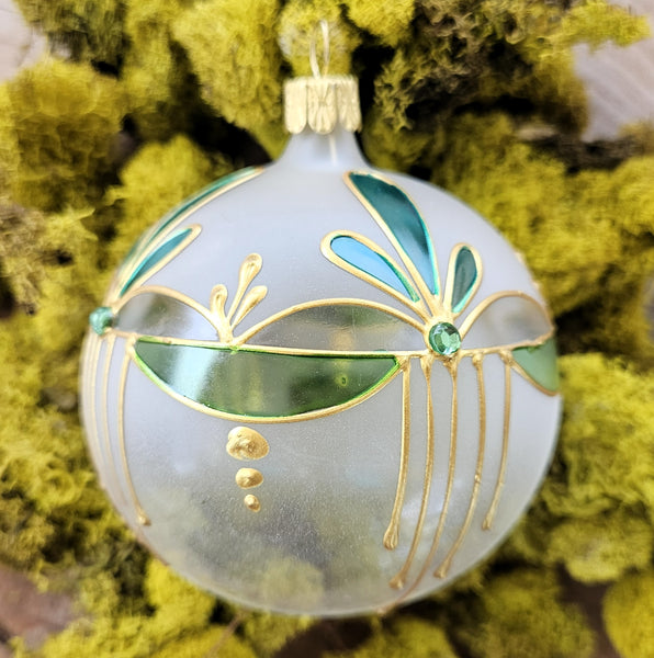 Art Nouveau Glass Ornament  -  Light Green + Teal Blue