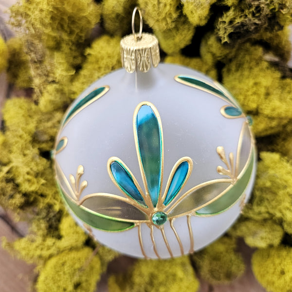 Art Nouveau Glass Ornament  -  Light Green + Teal Blue