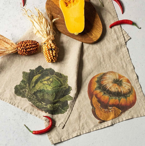 Linen Kitchen Towels - PUMPKIN + CABBAGE (set of 2)