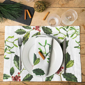 Linen Placemats - HOLLY & MISTLETOE (set of 2)