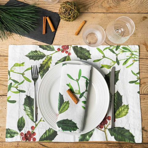 Linen Placemats - HOLLY & MISTLETOE (set of 2)