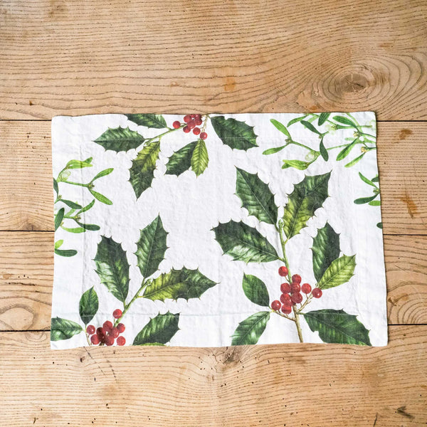 Linen Placemats - HOLLY & MISTLETOE (set of 2)
