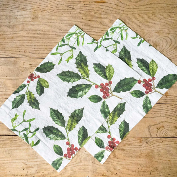 Linen Placemats - HOLLY & MISTLETOE (set of 2)