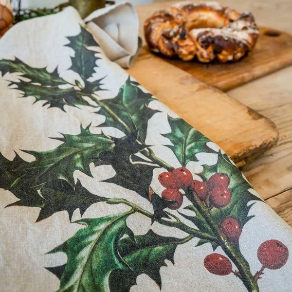 Linen Kitchen Towels - HOLLY + POINSETTIA (set of 2)