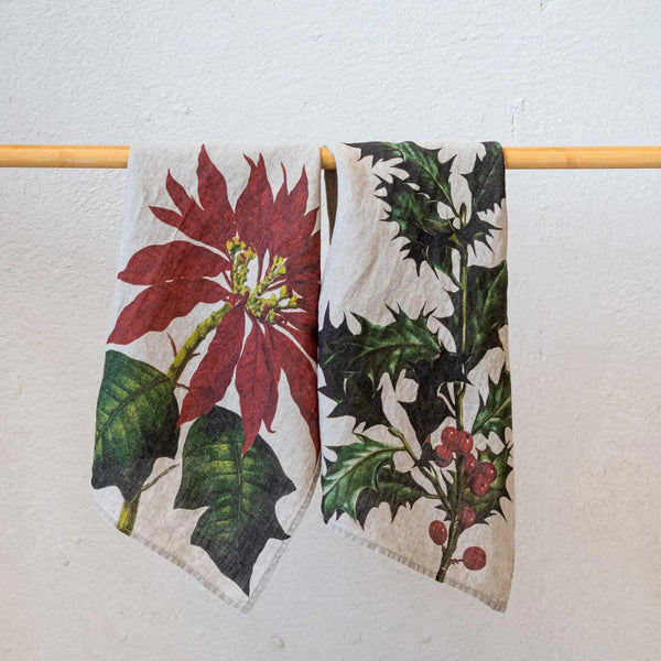 Linen Kitchen Towels - HOLLY + POINSETTIA (set of 2)