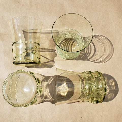 Camp Short Glass - Light green glass drinkware for a glass of wine at your home or champagne toast at your wedding. Beautiful designs by northwestern and central Europe artists inspired by medieval times, when “forest glass” glassmaking technologies were developed.