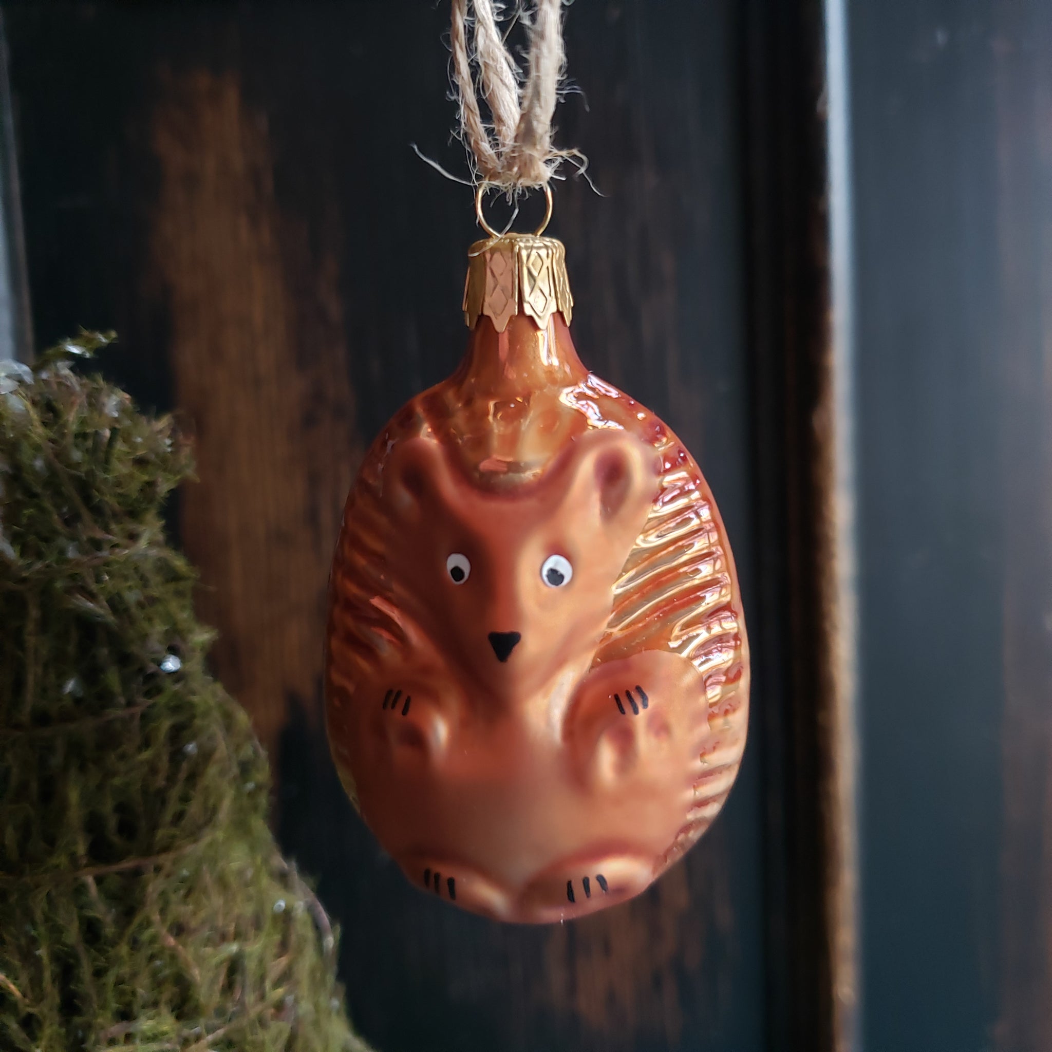 Hedgehog Glass Ornament - Woodland glass ornament handcrafted in Europe, where Old World Christmas ornament making has a long tradition.