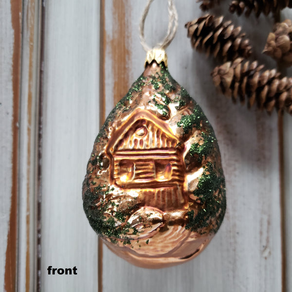 Forest Cottage Glass Ornament - Woodland glass ornament handcrafted in Europe, where Old World Christmas ornament making has a long tradition.